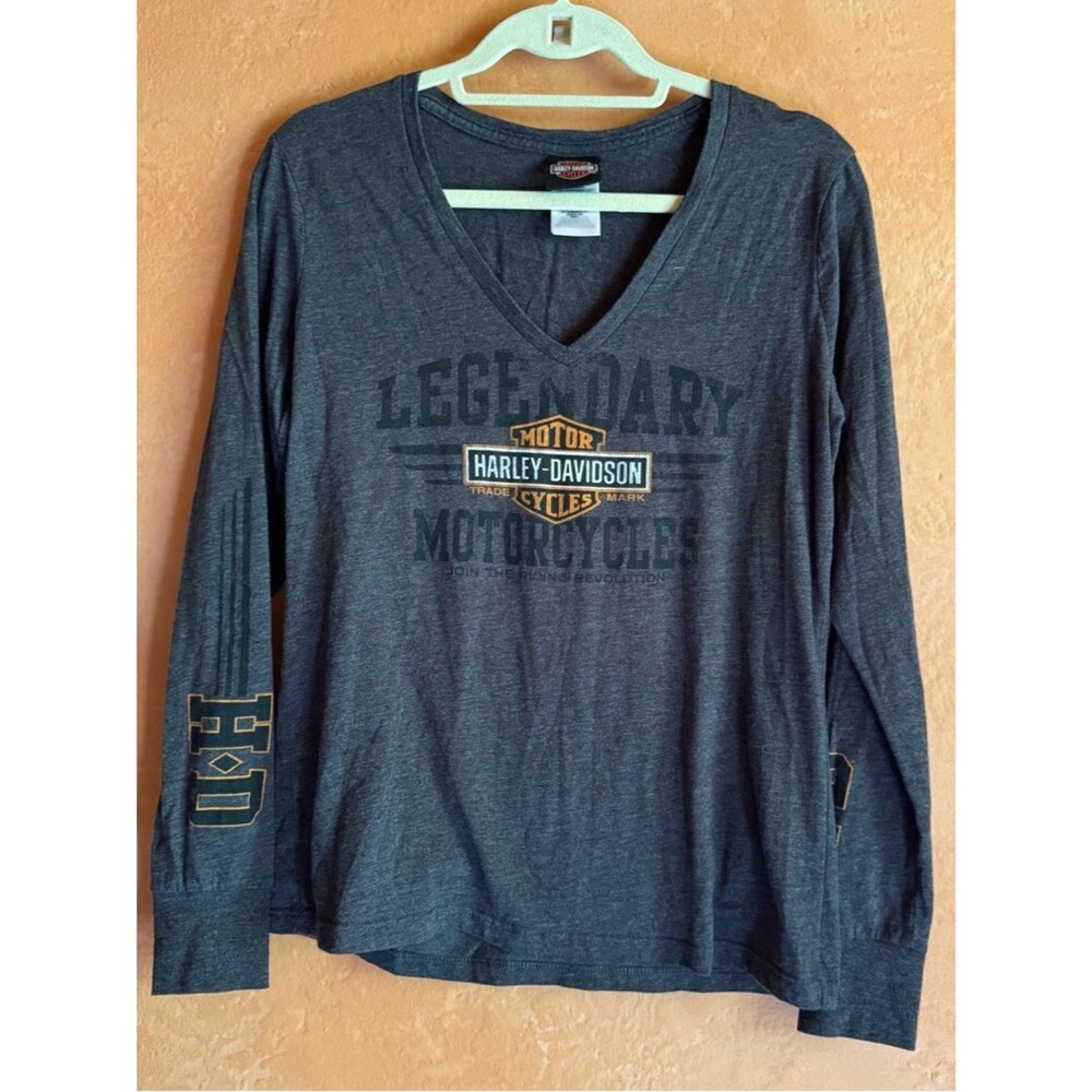 Harley Davidson Woodstock V-Neck Long Sleeve Tee USA Made Graphic Size Large